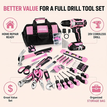 Bielmeier 20V 236Pcs Cordless Pink Drill Set for Women, Lady’s Essential Home Tool Kit with Pink Bag, Perfect DIY Electric Screwdriver Set for Home Repair & Gifts