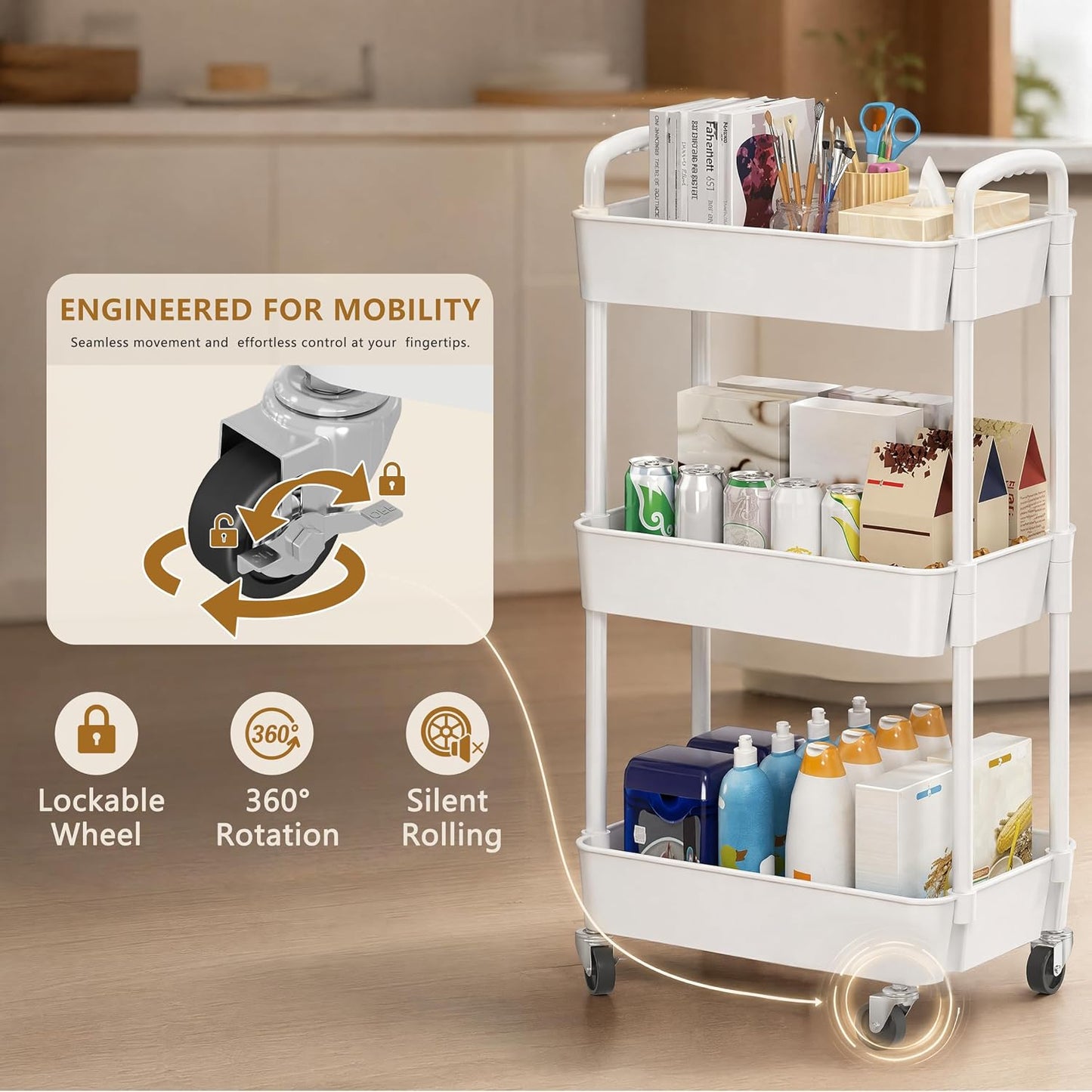 Laiensia 3-Tier Rolling Cart with Wheels,Multifunction Utility Storage Carts, Kitchen Storage Organizer,Mobile Shelving Unit for Bathroom,Laundry,with Classified Stickers,White