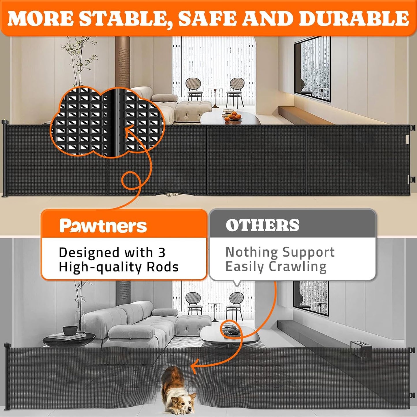 Pawtners Retractable Baby Gates Extra Wide, 41" Tall Extends up to 71" Wide, Dog Gate Indoor for Stairs, Pet Gate with Support Rods for Doorways Hallways Indoor & Outdoor-Black
