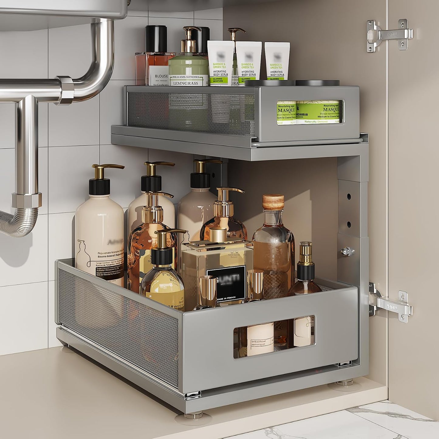 2 Pack Under Sink Organizer with Next-Gen Ball-Bearing Slides,2-Tier Pull Out Cabinet Storage,Height Adjustable Drawer Shelf for Bathroom,Kitchen,Laundry,Cabinet,Pantry(Patent Pending)