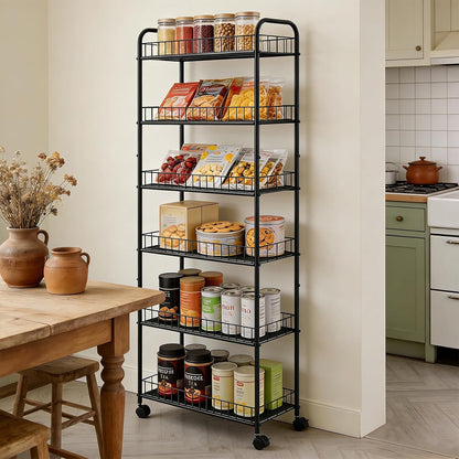 10in 6-Tier Slim Storage Cart with Wheels, Metal 10in Wide Black Narrow Rolling Shelf, Sturdy Slim Storage with Hooks Ideal for Kitchen, Bathroom, and Laundry Room