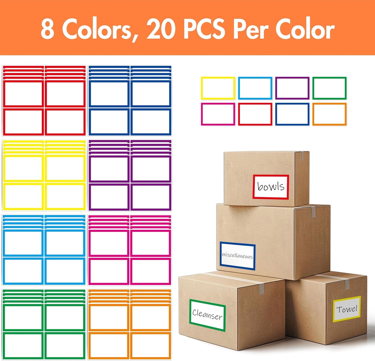 160 PCS Moving Labels, 8 Color-Coded Self-Adhesive Rectangular Stickers for Boxes, Large Home Moving Blank Packing Labels for Cartons, Storage Bins, Office Uses (6” x 4”)
