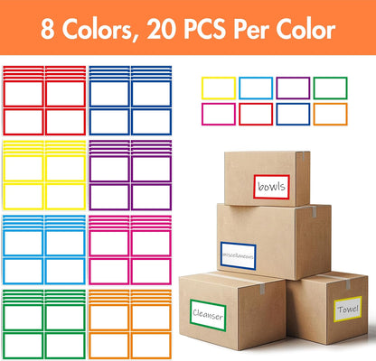 160 PCS Moving Labels, 8 Color-Coded Self-Adhesive Rectangular Stickers for Boxes, Large Home Moving Blank Packing Labels for Cartons, Storage Bins, Office Uses (6” x 4”)