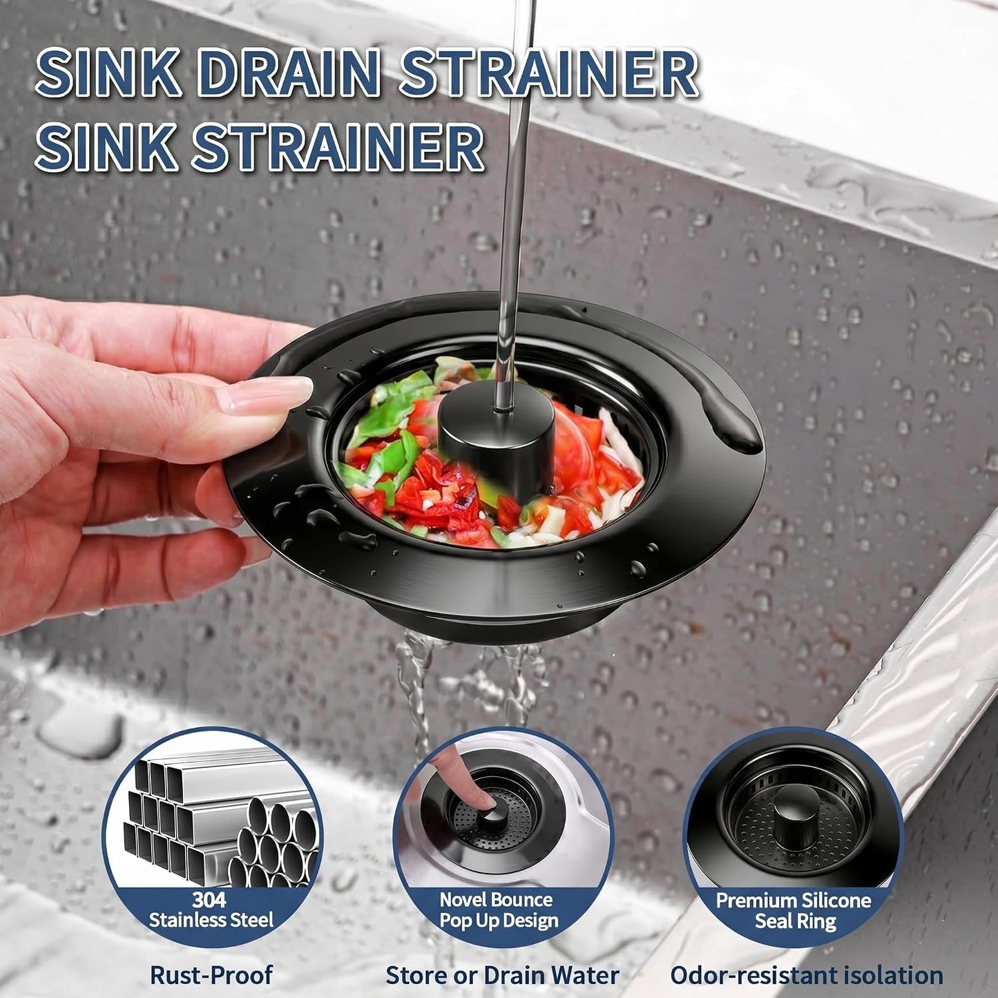 3-in-1 Kitchen Sink Drain Strainer - Pop Up Sink Stopper, Stainless Steel Sink Drain Strainer, Kitchen Sink Stopper & Drain Plug with Anti-Clogging Basket,Sink Strainer Fits US Standard 3-1/2'' Drains