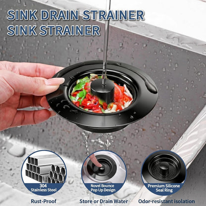 3-in-1 Kitchen Sink Drain Strainer - Pop Up Sink Stopper, Stainless Steel Sink Drain Strainer, Kitchen Sink Stopper & Drain Plug with Anti-Clogging Basket,Sink Strainer Fits US Standard 3-1/2'' Drains