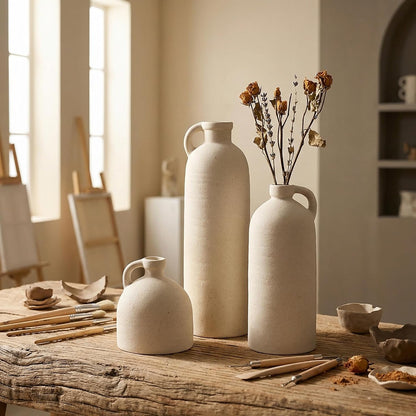Ceramic Vase Set of 3 with Handles, Green White Neutral Rustic Modern Farmhouse Boho Decor, Versatile as Table Centerpiece or Mantel & Shelf Accent - Unique Home Gift Idea