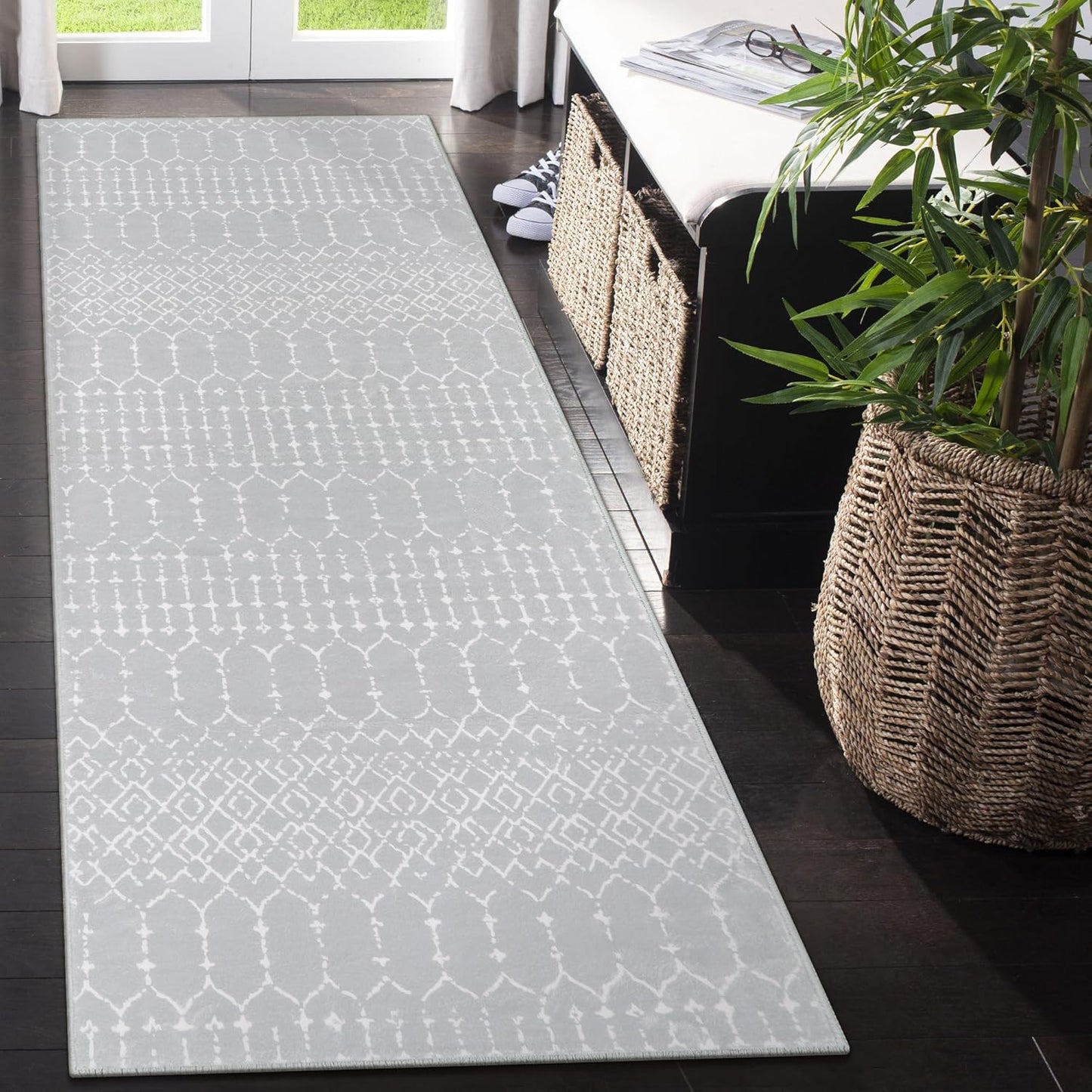 Lahome Moroccan Entry Rug 2x3, Non-Slip Washable Front Indoor Door Mat Rubber Backing Low-Profile Door Rugs, Small Geometric Print Distressed for Entryway Bathroom Kitchen, Black Hana