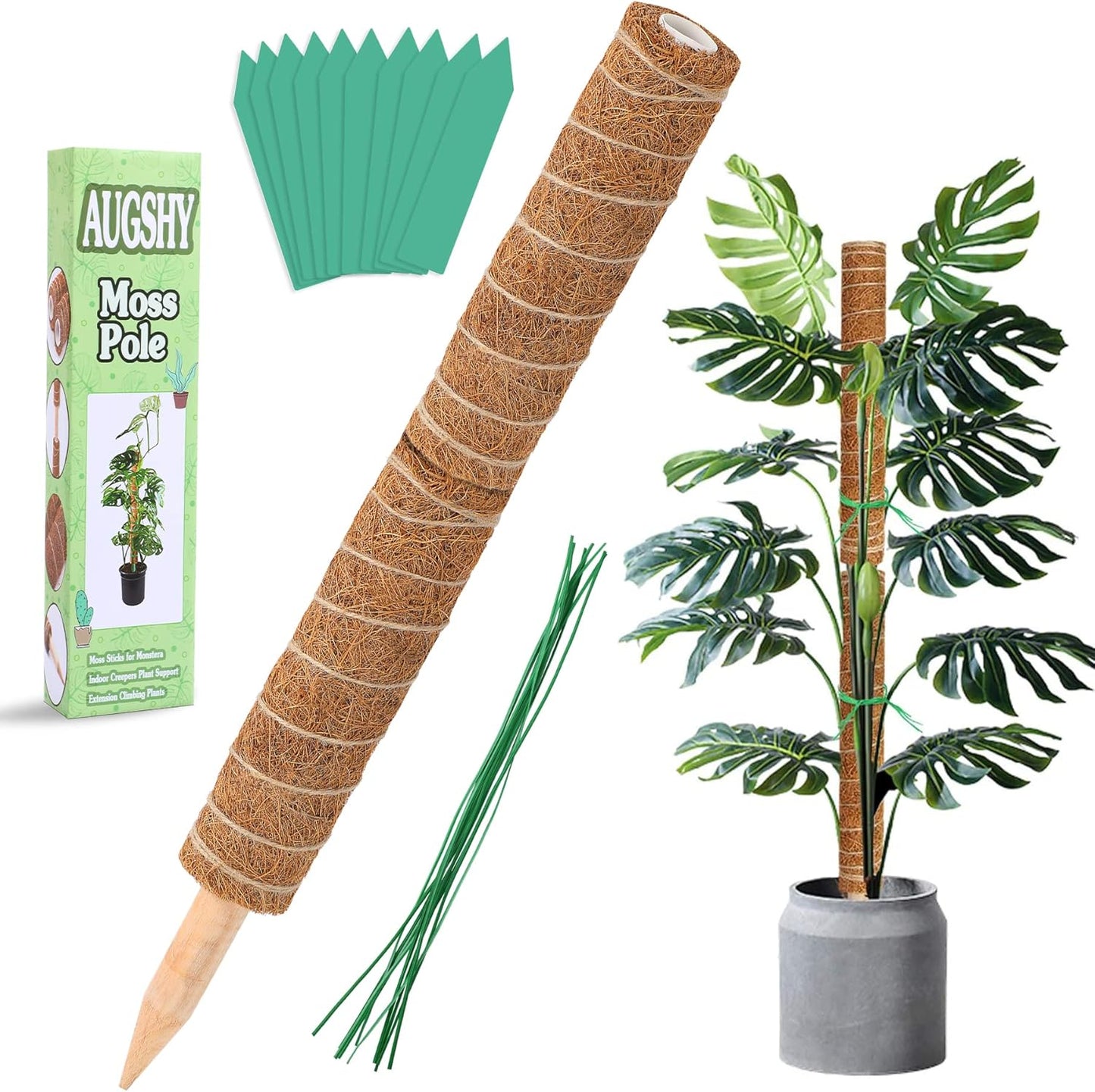 Augshy Moss Pole, 27 Inch Moss Poles - 2Pcs 17 Inch Plant Stakes Moss Sticks for Monstera Indoor Creepers Plant Support Extension Climbing Plants