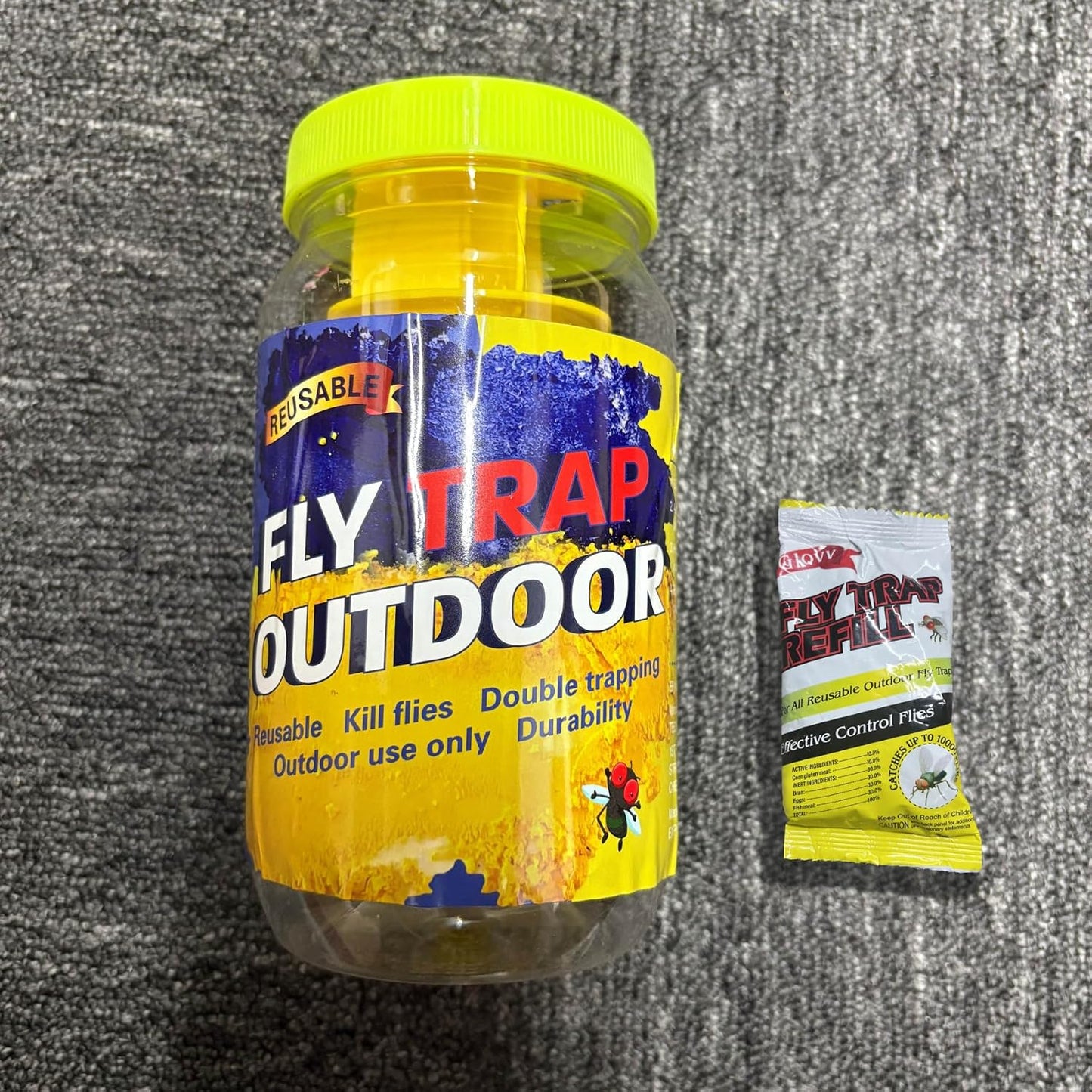 4 Fly Traps Outdoor Fly Trap with 4 Dissolvable Bait Refills, Reusable Hanging Bug Catcher Killer Bottle for Outside Bug Control Patio Yard Ranch Barns Stable, Hanging Rope, Brush Included