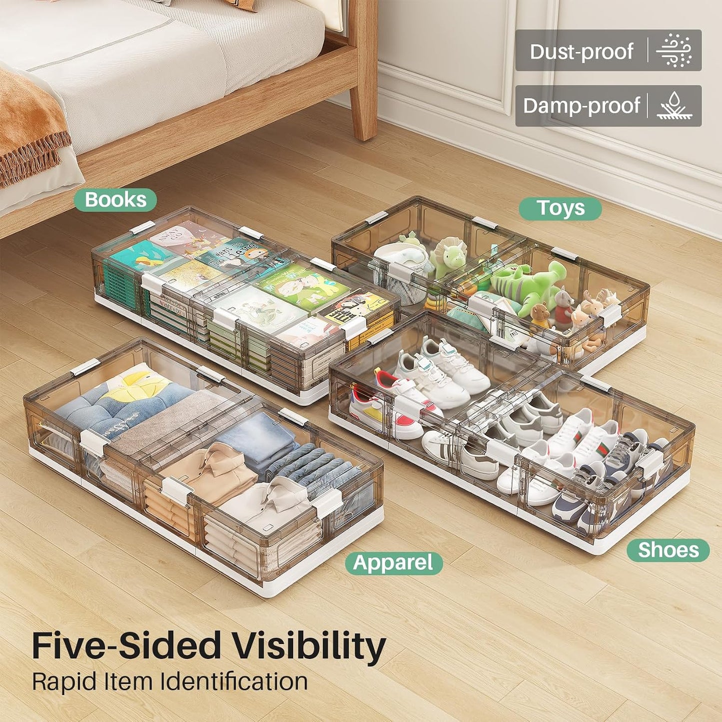 Kitstorack Clear Plastic Under Bed Storage Containers Bins with Lids and 8 Pre-installed Wheels,37.8 Qt, Rolling Foldable Flat Under Bed Organizer Boxes for Clothes Shoes Clothing Bedroom