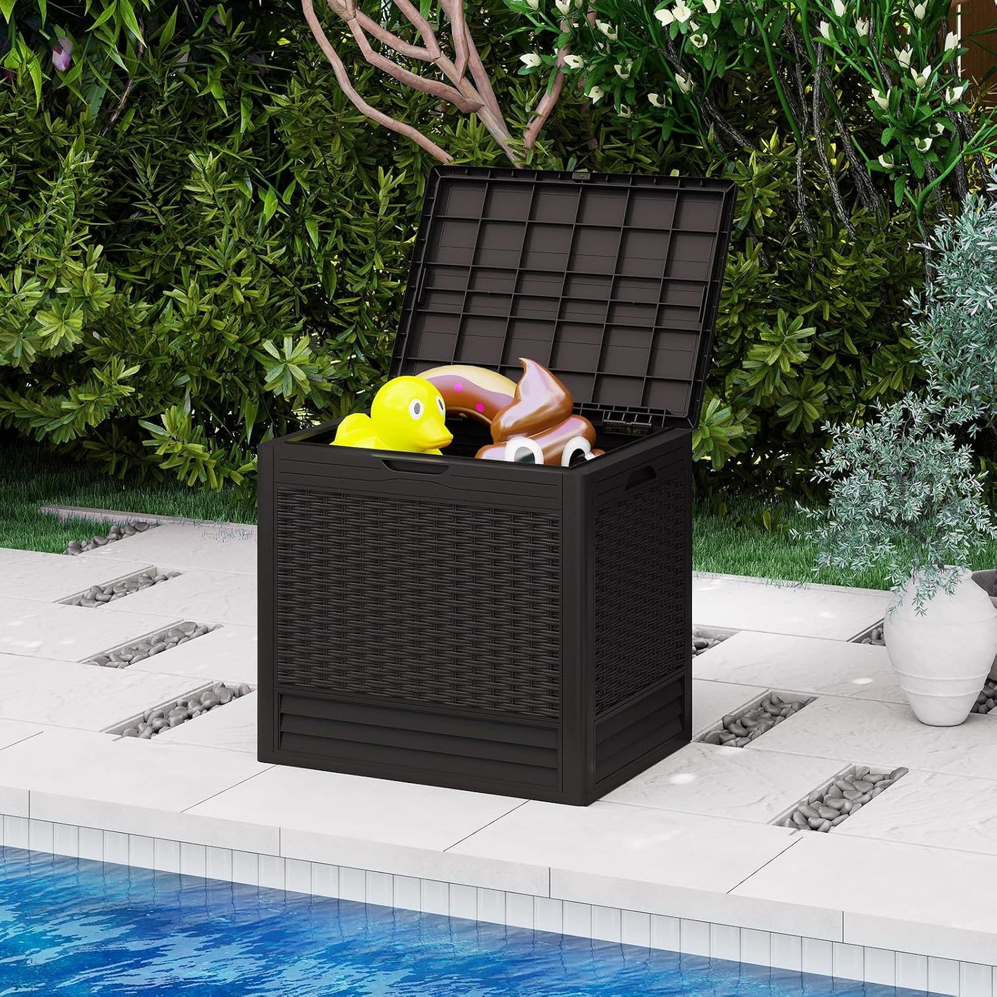 Tangkula 25 Gallon Waterproof Outdoor Storage Box with Lockable Lid | PP Resin, Wicker Patterned, Indoor Outdoor Use, Portable, Versatility, for Deck, Pool, Patio Cushions, Garden Tools