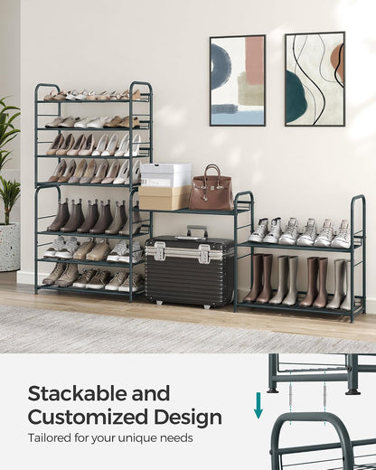 SONGMICS Stackable Shoe Rack, 4 Tier Metal Shoes Rack Storage Shelf, Holds up to 16 Pairs Shoes, Adjustable Slanted Shelves Shoe Tower Organizer for Closet Entryway Small Spaces, Black