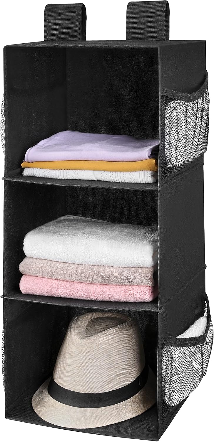 MAX Houser 3 Tier Shelf Hanging Closet Organizer, Space Saver,Closet Hanging Shelf with 2 Sturdy Hooks for Storage, Foldable (Grey)