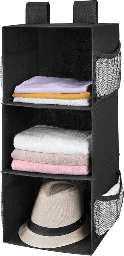 MAX Houser 3 Tier Shelf Hanging Closet Organizer, Space Saver,Closet Hanging Shelf with 2 Sturdy Hooks for Storage, Foldable (Grey)