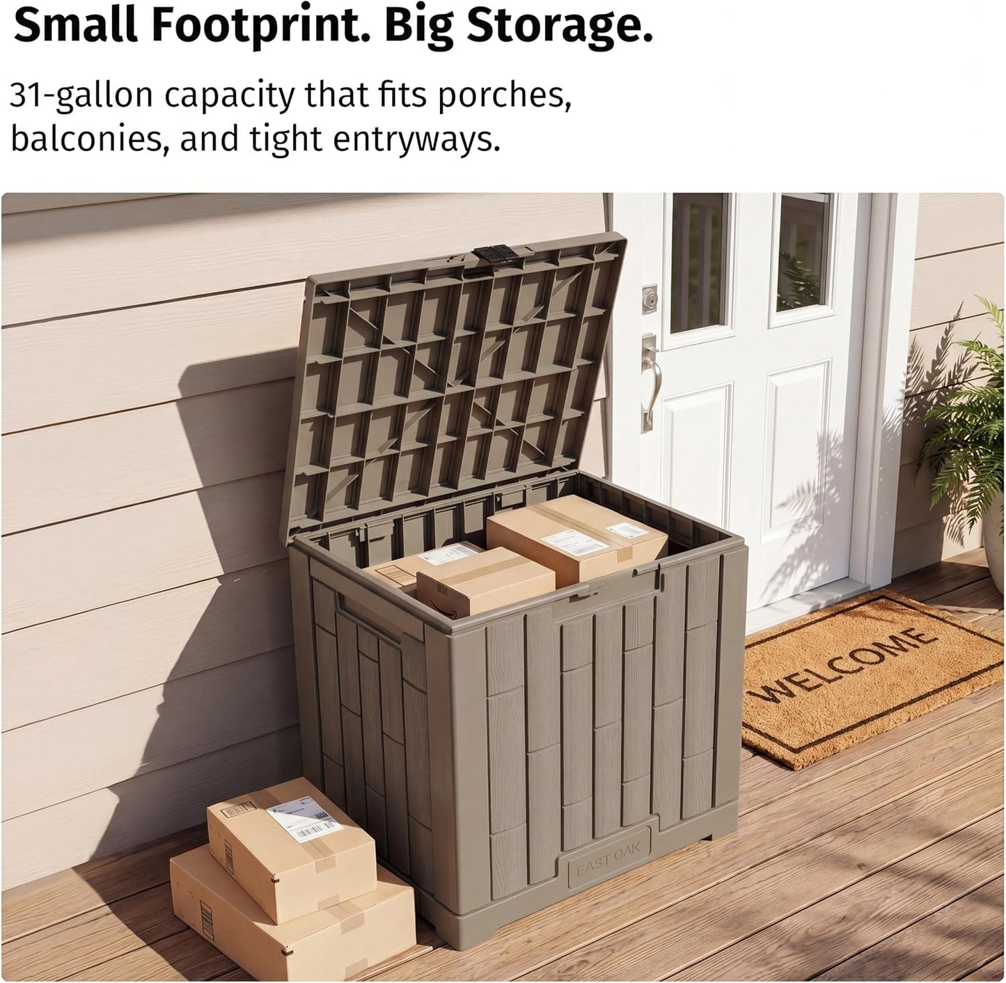 EAST OAK Outdoor Storage Box, 31 Gallon Deck Box Indoor and Outdoor Use, Waterproof Resin Storage Bin for Package Delivery, Patio Cushions, Gardening Tools, Lockable, UV Resistant, Grey