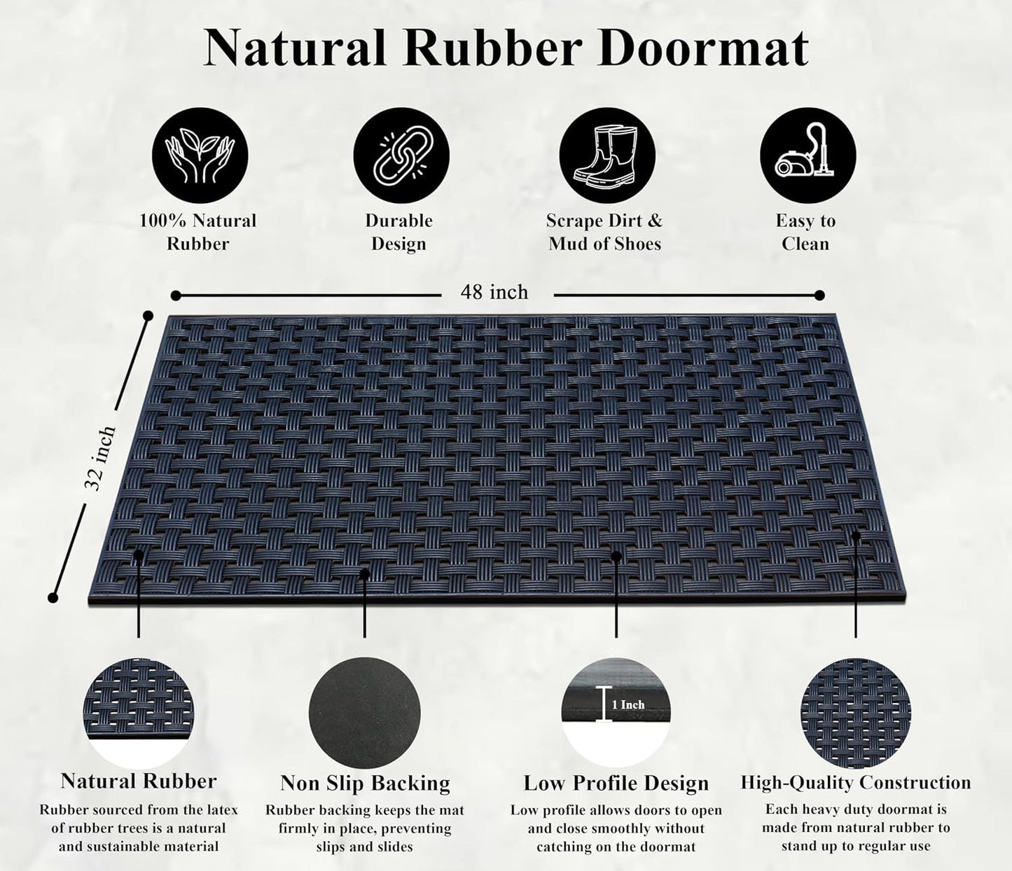 A1HC Outdoor Doormat, Natural Rubber, 18" x48”, Ideal for Outside entryway,Dirt Shoe Scraper,Heavy Duty Door mat for Indoor Outdoor,Rug Mats for Entry,Patio, Welcome Mats
