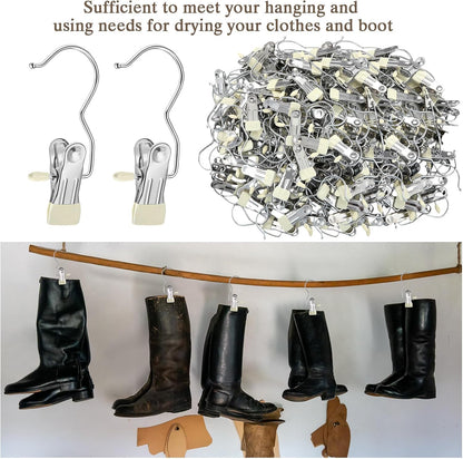 Yinder 150 Pcs Boot Hangers Clips Laundry Hooks Hanging Stainless Steel Clothes Pins Portable Clip Hangers for Closet Travel Socks Pants Handbags Hats Towels (Beige)