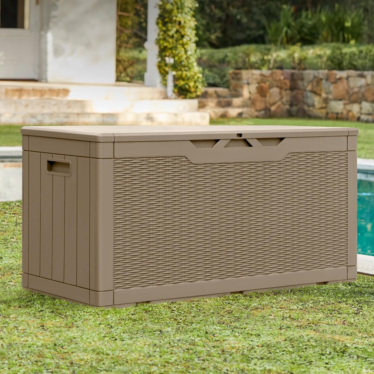Greesum 110 Gallon Outdoor Storage Box with Lockable Lid, All-Weather for Patio Furniture, Pool Supplies & Garden Tools, Waterproof, UV-Resistant Large Deck Box, Dark Black
