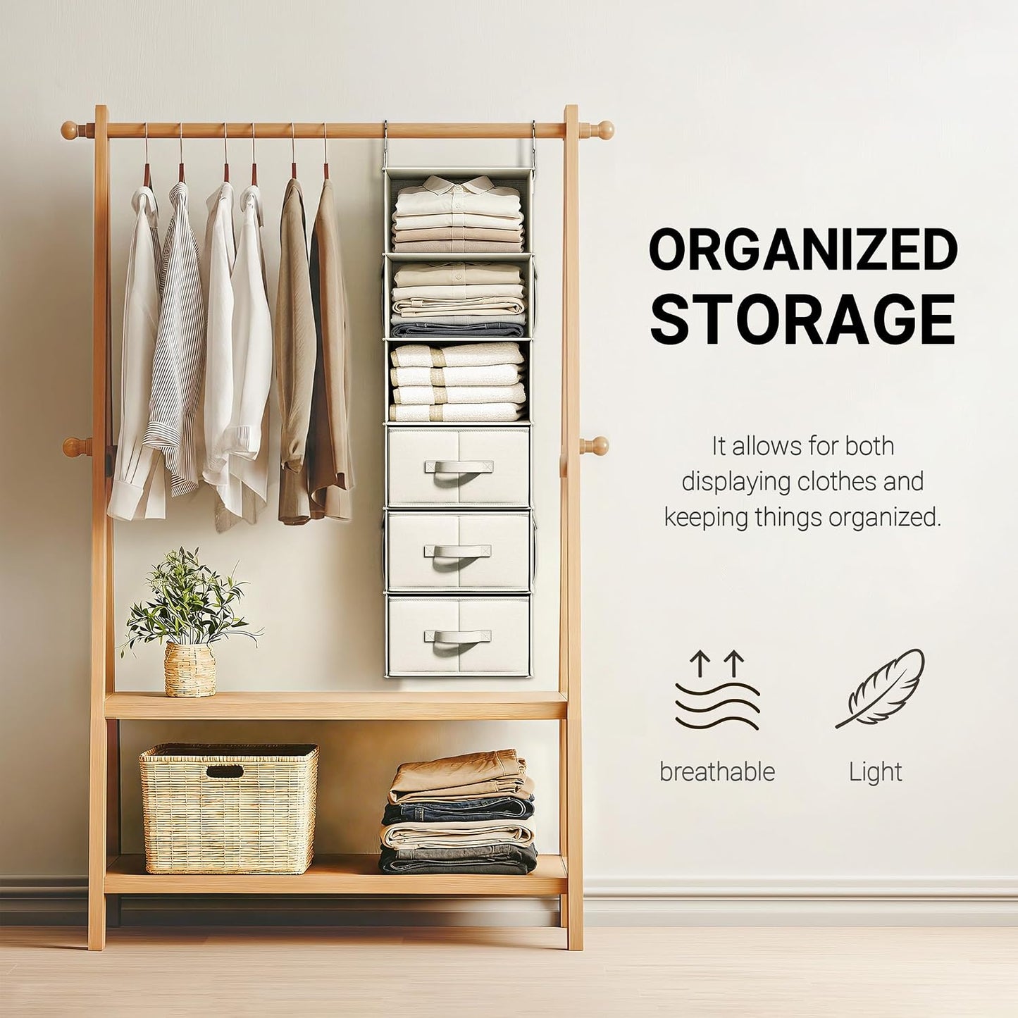 Vailando 6-Shelf Hanging Closet Organizer with 3 Drawers, 2 Separable 3-Shelf Closet Organizers and Storage for Wardrobe Organization, Hanging Dresser for Nursury & Dorm Clothes Organizer