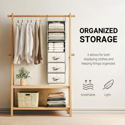 Vailando 6-Shelf Hanging Closet Organizer with 3 Drawers, 2 Separable 3-Shelf Closet Organizers and Storage for Wardrobe Organization, Hanging Dresser for Nursury & Dorm Clothes Organizer