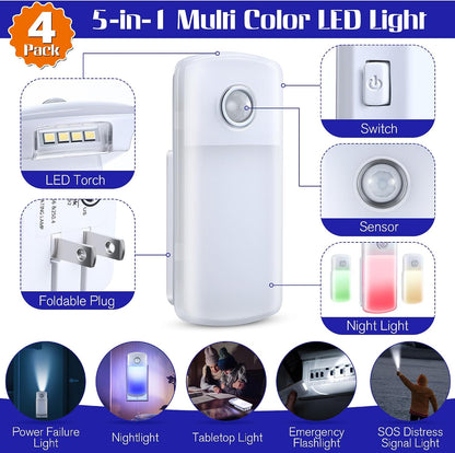 Enhon Emergency Power Failure Night Lights, 5-in-1 Multi Color LED Light, Rechargeable Flashlight with Foldable Plug, Automatic On Off Motion Sensor for Bedrooms, Hallways, Black Outs(3 Pack)