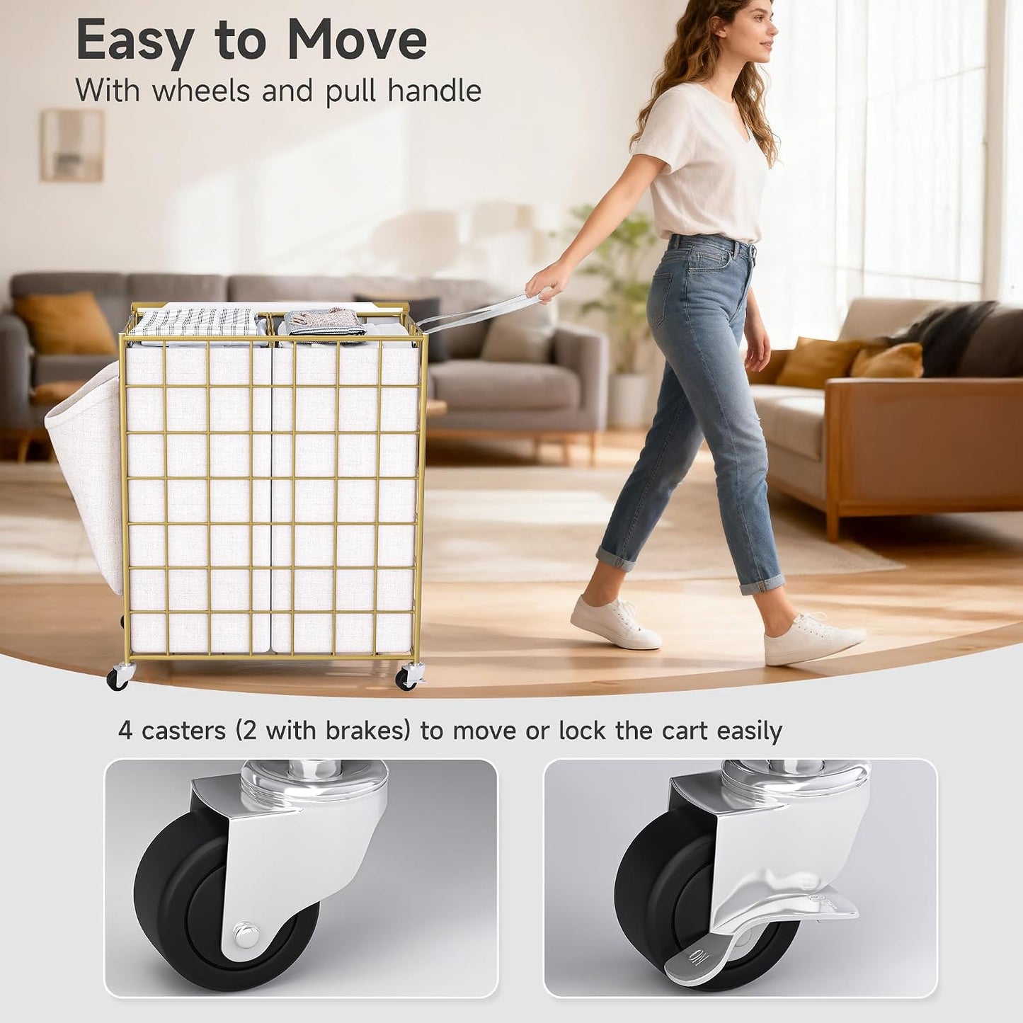 Laundry Basket with Wheels, Heavy Duty Laundry Sorter 2 Sections, 120L (32Gal.) Large Capacity Laundry Hamper with Wood Lid, 360 Rolling Wheels, Extra Side Pocket, Leather Pull Handle, Beige