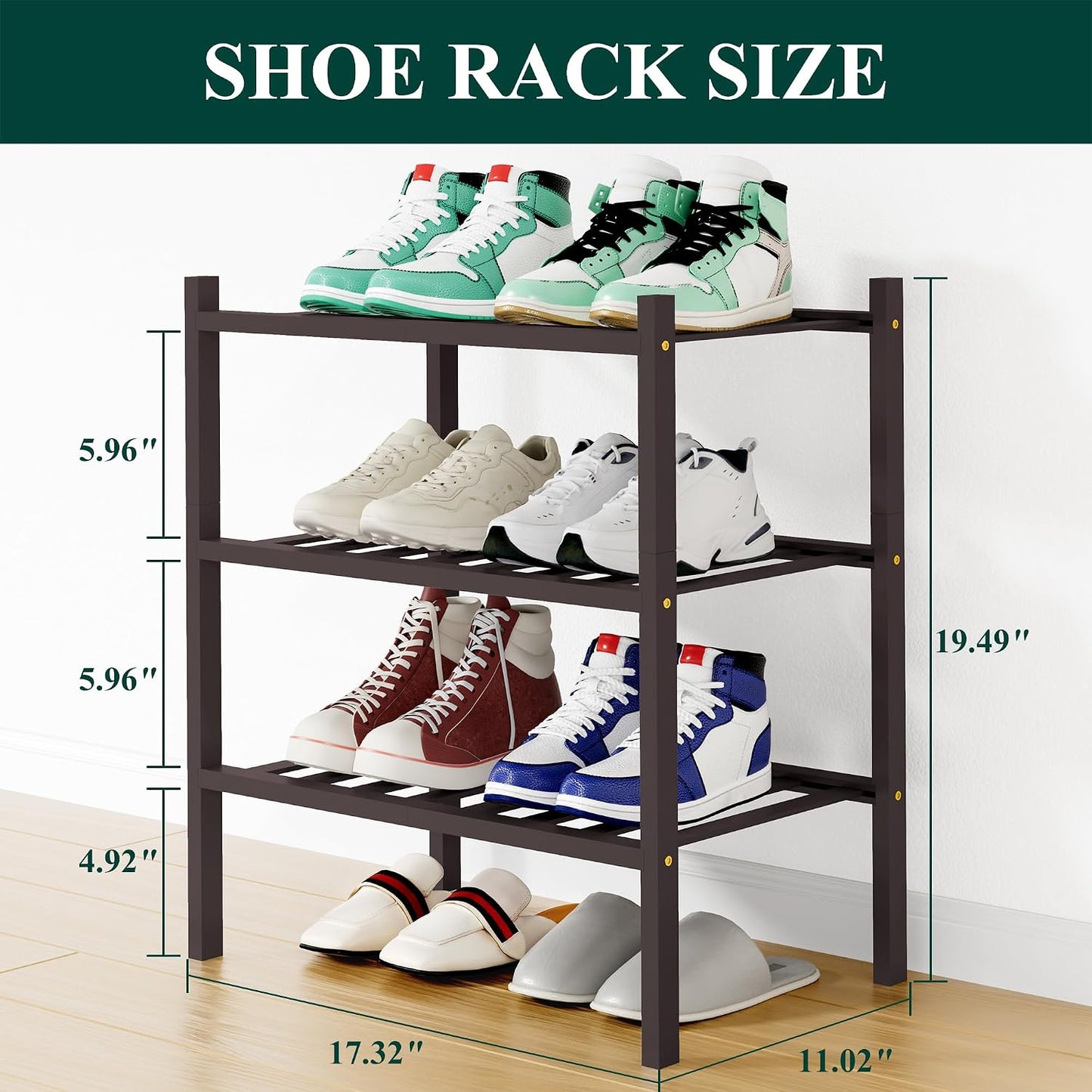 Smiry Bamboo Shoe Rack, 3 Tier Free Standing Wooden Shoe Organizer, Stackable Wood Shoe Storage Shelf for Closet, Entryway, 12 Vertical Slats, 2+1 Stack Standard Legs, 26.8"x11"x19.5", Natural