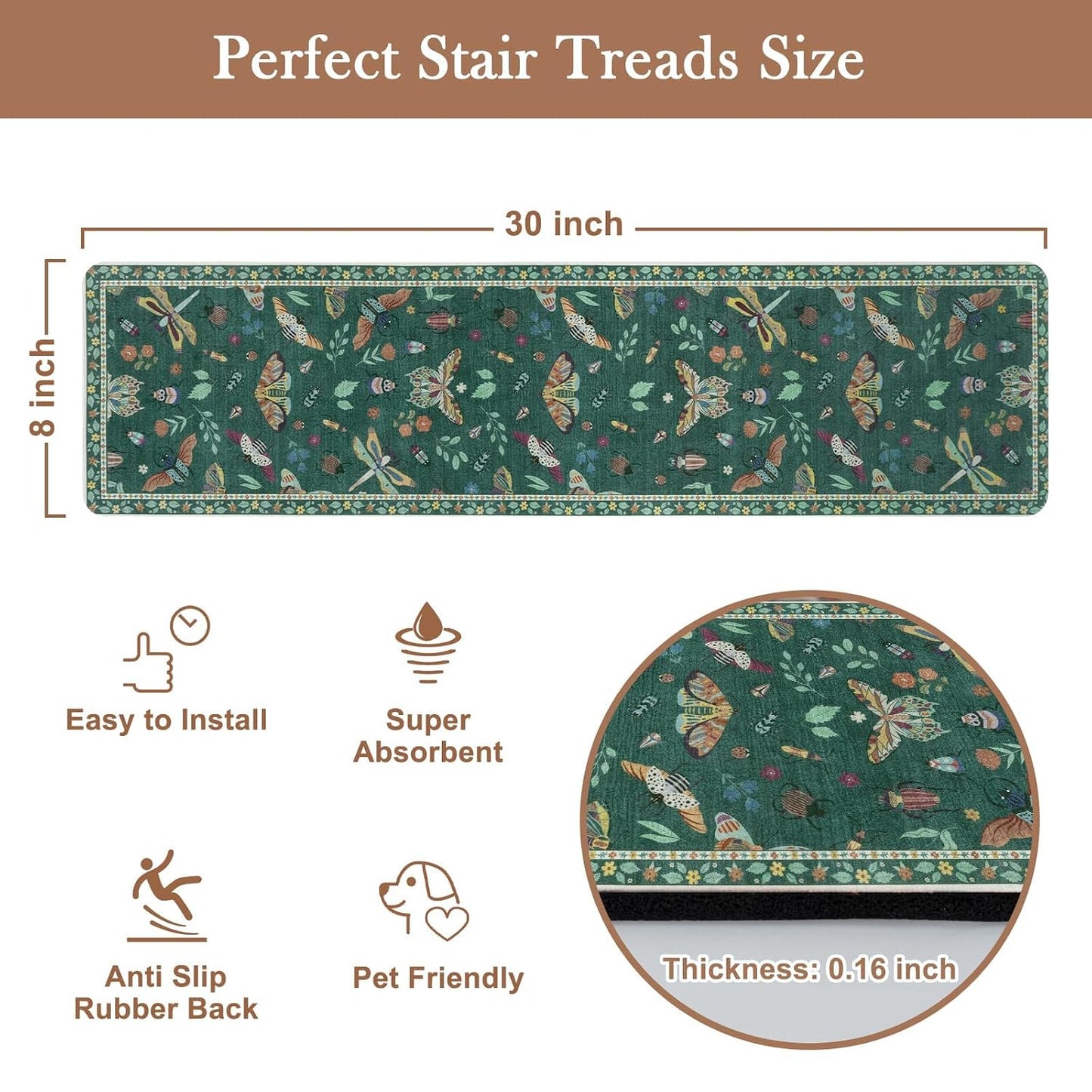OJIA Insect Print Stair Treads Non Slip Stair Runners for Wooden Steps Indoor, 15PCS 8"x30" Rubber Backing Carpet Treads for Wood Stairs Staircase Step Treads for Kids & Dogs, Stair Covers, Black