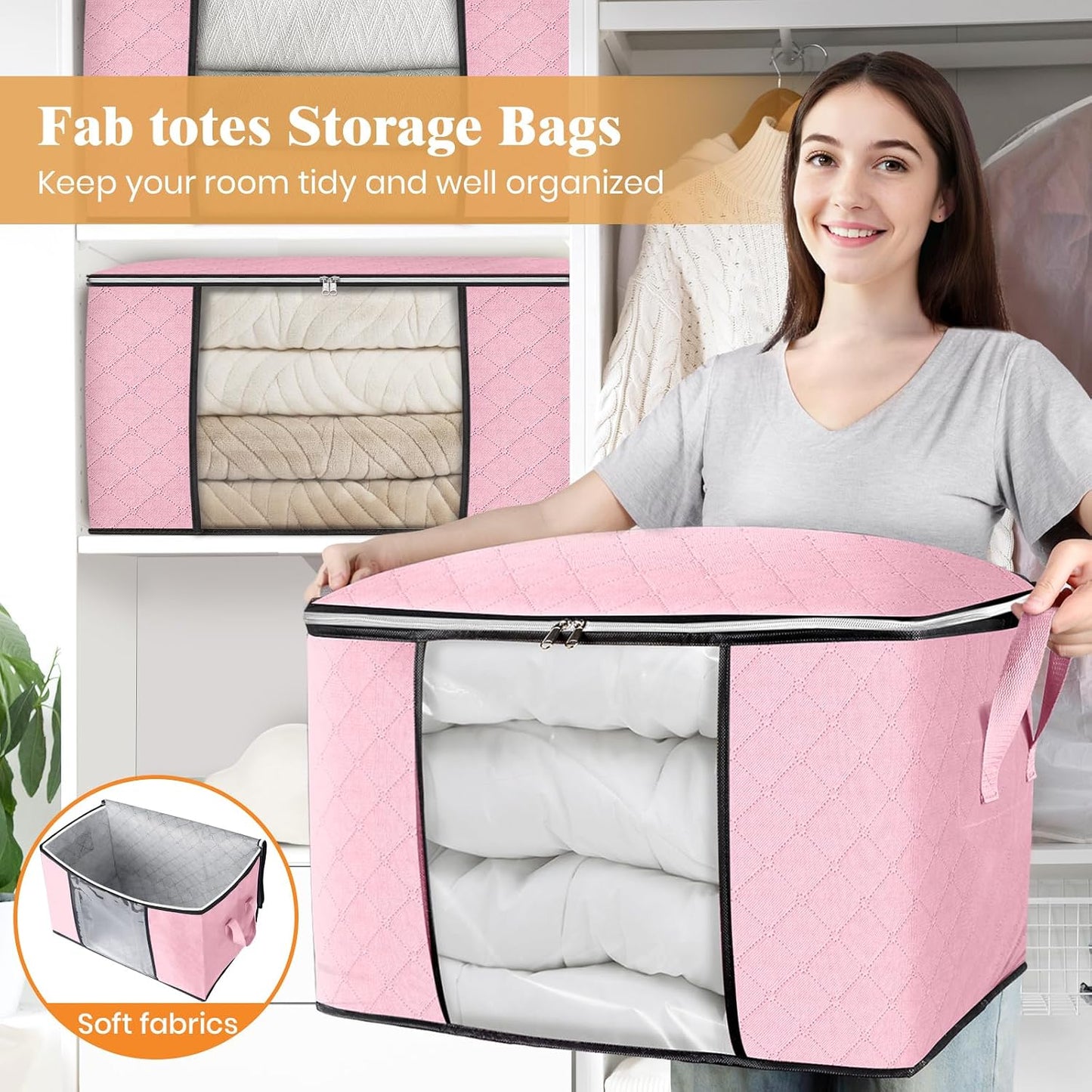 Fab totes 6 Pack Storage Bags for Clothes and Blanket, Foldable Closet Organizers and Storage with Zippers, Clear Window and Handles, Fabric Storage Bins for Sweater, Comforter, Bedding,Linen Sheets