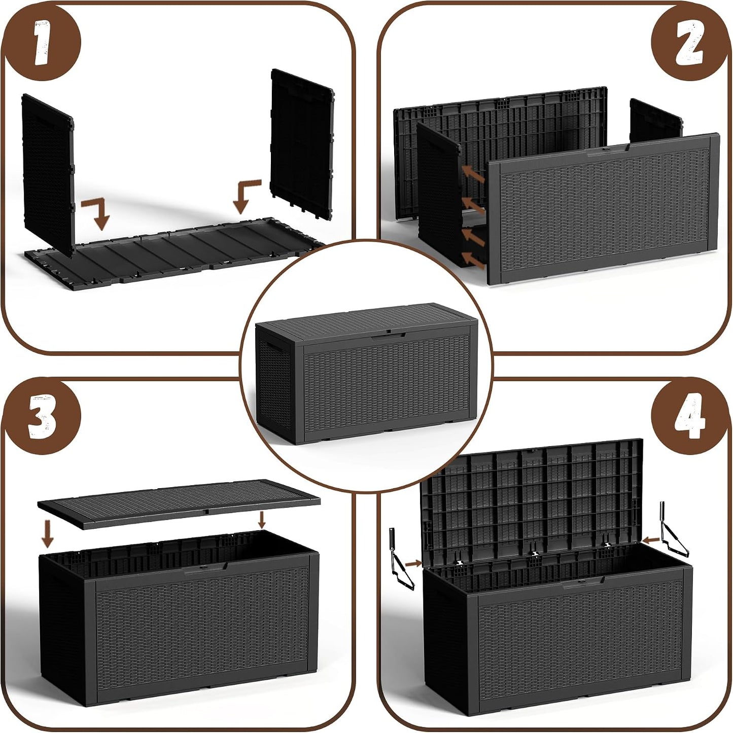 EFU Outdoor Storage Box 100 Gallon Deck Box Resin Outdoor Toy Storage With Lockable Lid, Hydraulic Struts, Rattan Style Package Delivery Boxes for Outside Patio Yard Garden (Black)