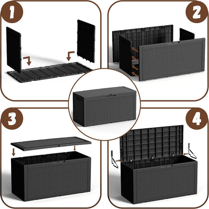 EFU Outdoor Storage Box 100 Gallon Deck Box Resin Outdoor Toy Storage With Lockable Lid, Hydraulic Struts, Rattan Style Package Delivery Boxes for Outside Patio Yard Garden (Black)