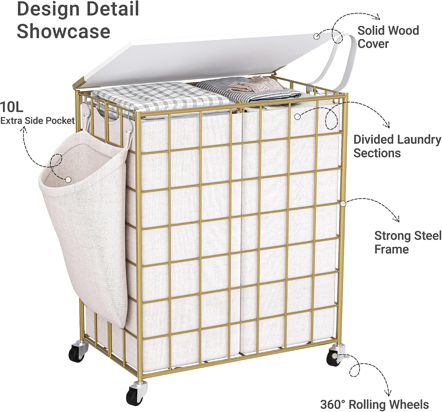 Laundry Basket with Wheels, Heavy Duty Laundry Sorter 2 Sections, 120L (32Gal.) Large Capacity Laundry Hamper with Wood Lid, 360 Rolling Wheels, Extra Side Pocket, Leather Pull Handle, Beige