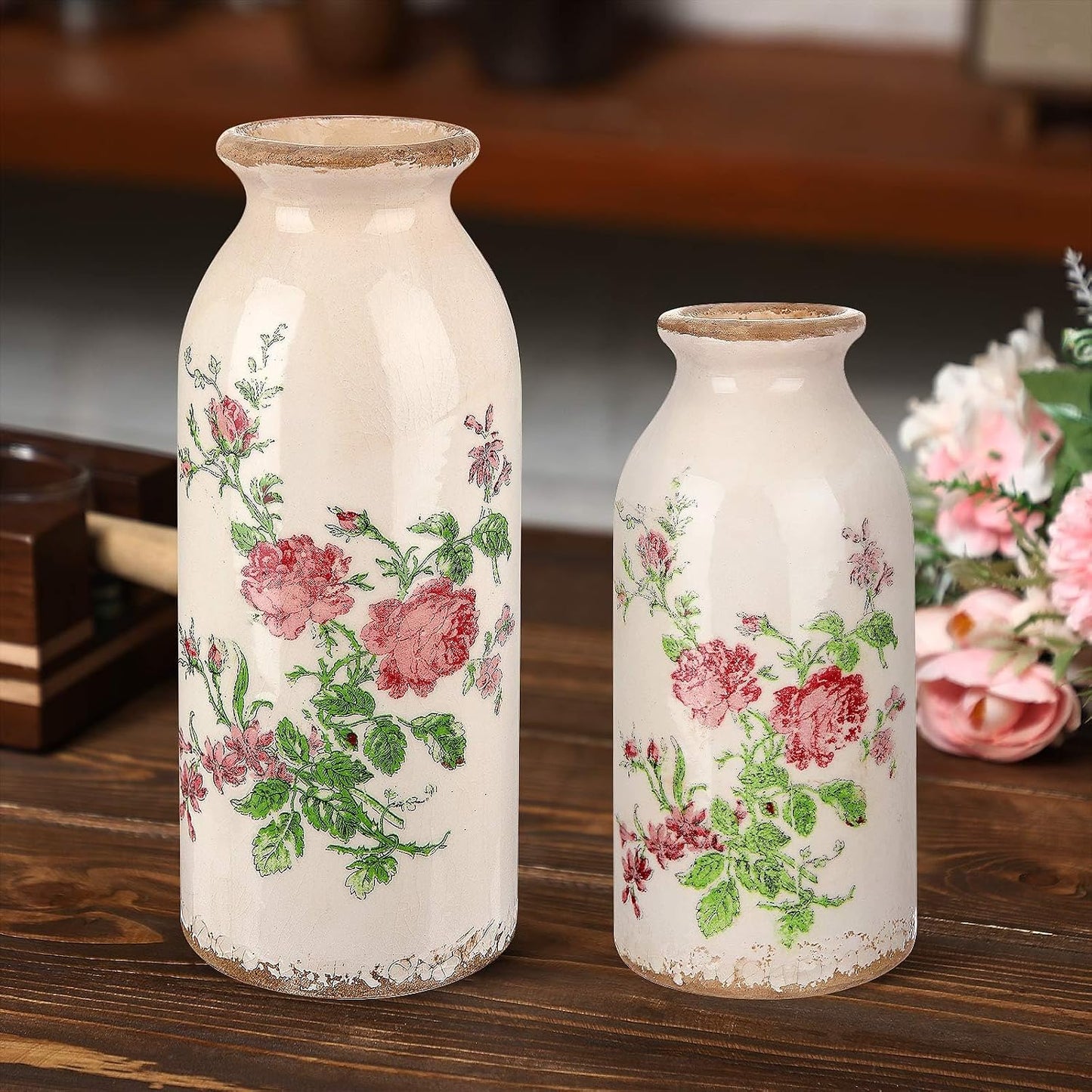 2 Pcs Ceramic Small Vase Rustic Farmhouse Vase Boho Vases Home Decoration for Your Kitchen Bedroom Office Bathroom & Shelf Centerpiece Table Decorative(Simplicity)