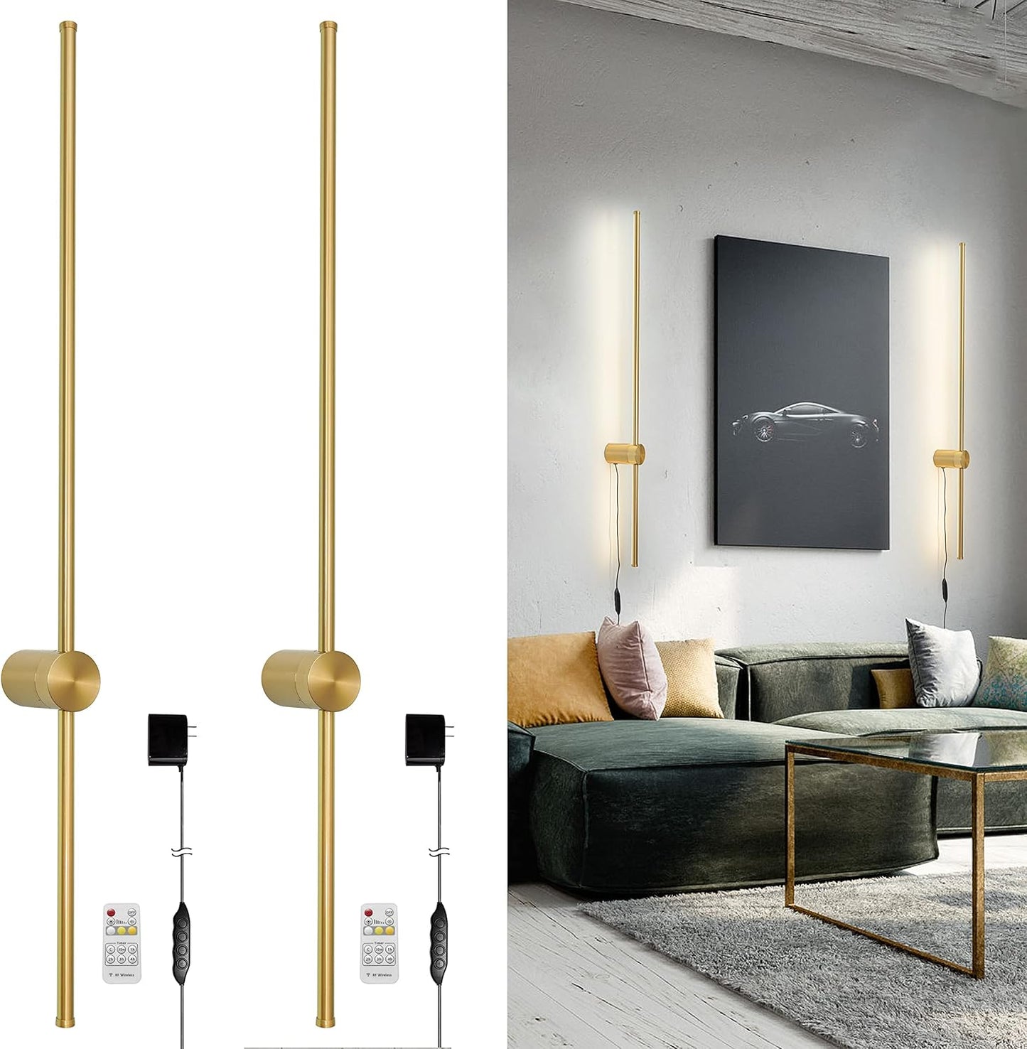 Battery Operated Wall Sconce Set of 2, Black USB Rechargeable Sconces Wall Deco Set of Two, Dimmable Cordless Wall Sconce with Remote Control, LED Wireless Wall Lighting,31.6 in