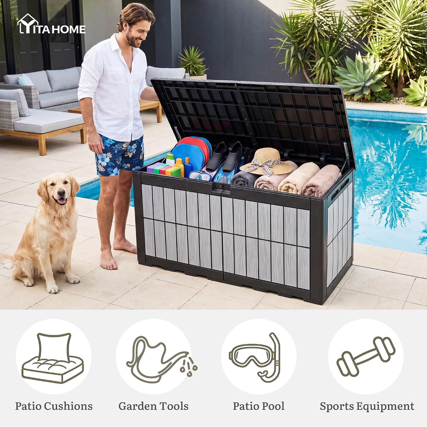 YITAHOME 134 Gallon Large Deck Box | Waterproof Resin Outdoor Storage Box with Lock, Doubles as 2-Person Bench Seating for Patio Furniture Cushions,Garden Tools &