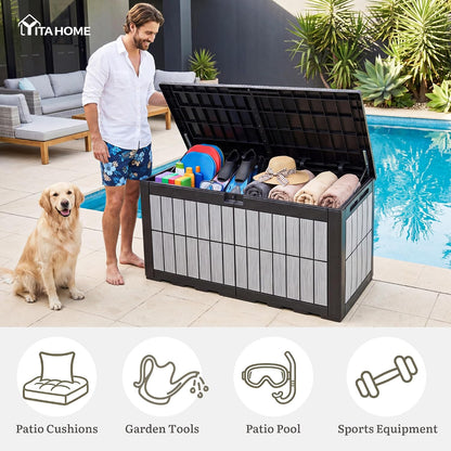 YITAHOME 134 Gallon Large Deck Box | Waterproof Resin Outdoor Storage Box with Lock, Doubles as 2-Person Bench Seating for Patio Furniture Cushions,Garden Tools &