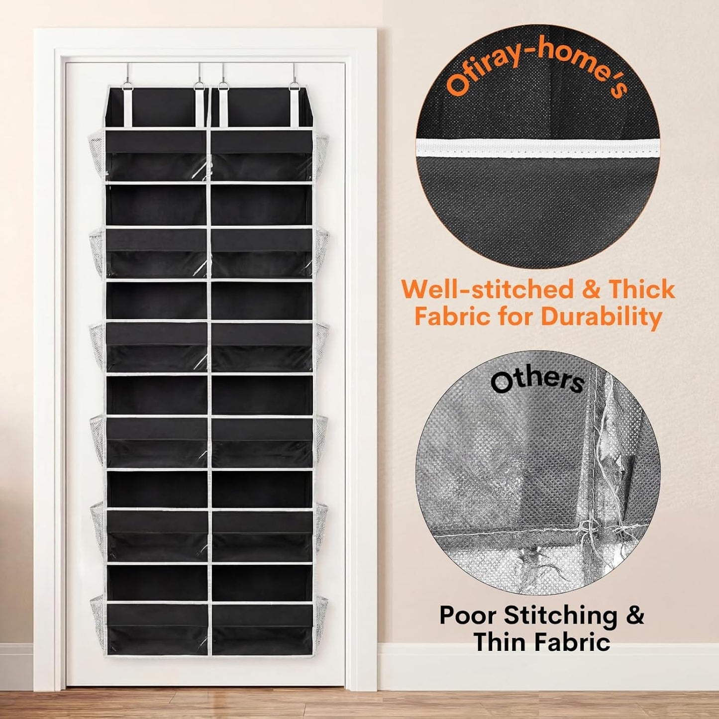 Over The Door Organizer, 5-Tier Extra Large Behind Door Storage with 10 Big Front & 10 Mesh Pockets, 80lb Capacity, Hanging Storage Organizer with Clear Window Kids Toys, Shoes, Diapers, Light Grey