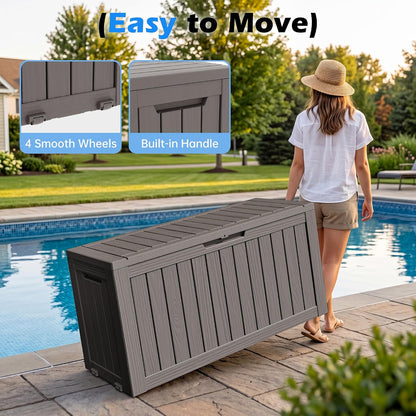 Outdoor Storage Box, 31 Gallon Resin Deck Boxes Outdoor Waterproof For Patio Furniture, Garden Tools, Pool Supplies, Lockable And UV Resistant (Rattan Gray)