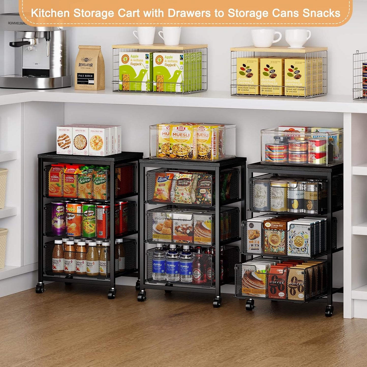 4 Tier Kitchen Rolling Cart, Kitchen Storage Cart with Wheels, Adjust Pantry Organizer and Storage Cart with Drawer, Fruit Vegetable Spice Storage Cart, Wooden Top Metal Kitchen Organizer Rack Stand