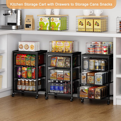 4 Tier Kitchen Rolling Cart, Kitchen Storage Cart with Wheels, Adjust Pantry Organizer and Storage Cart with Drawer, Fruit Vegetable Spice Storage Cart, Wooden Top Metal Kitchen Organizer Rack Stand