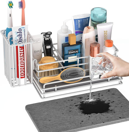 Yofidra Sponge Holder for Kitchen Sink, Sink Caddy Organizer with Stone Drying Mat, Kitchen Countertop Organizers and Storage Essentials, 304 Stainless Steel (Black, 9.3″)