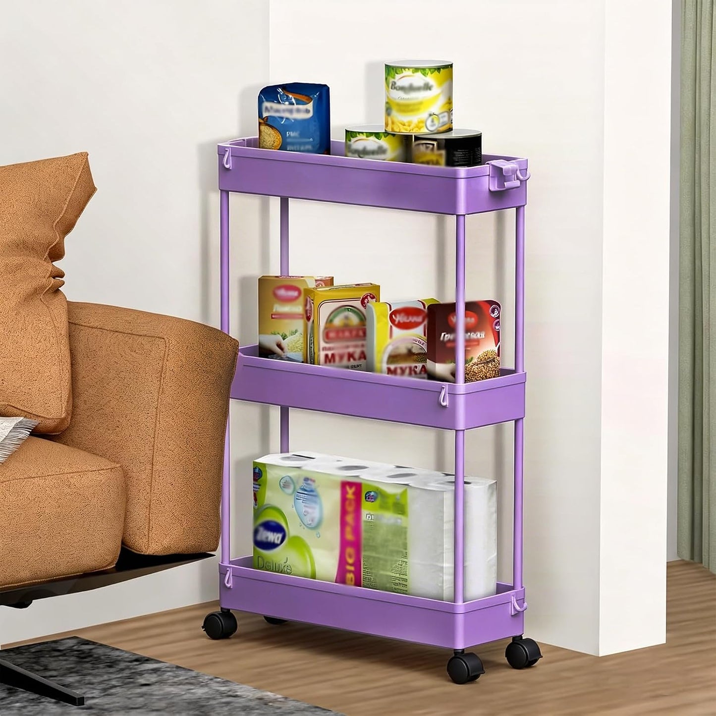 SPACELEAD Slim Storage Cart 3 Tier,Bathroom Organizer Rolling Utility,Mobile Shelving Unit Slide Out for Office, Kitchen, Laundry Room & Narrow Places，Green