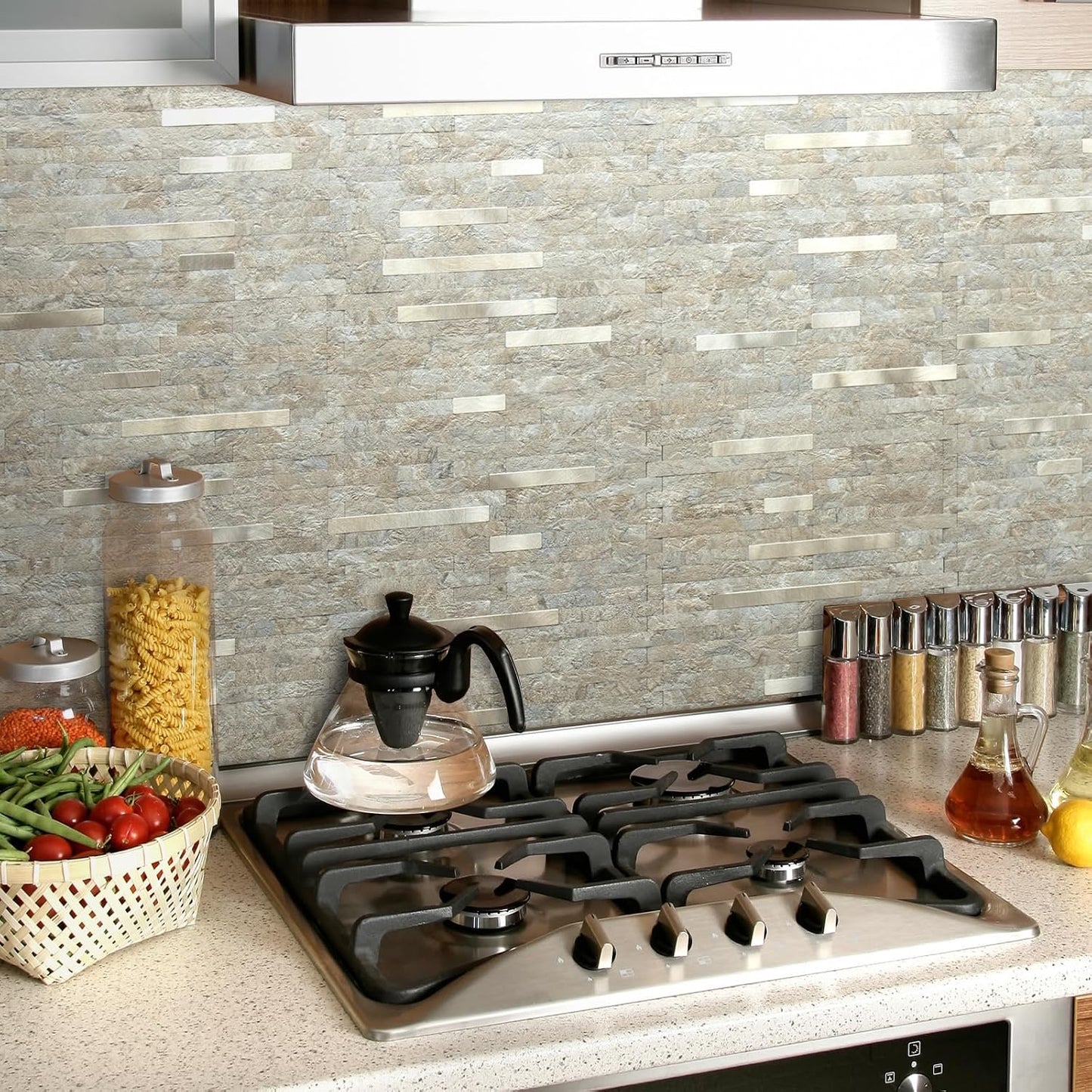 AULIGET 20 Sheets Peel and Stick Backsplash, Black & Grey Wood Look PVC Mixed Metal Stick on Backsplash Tiles for Kitchen