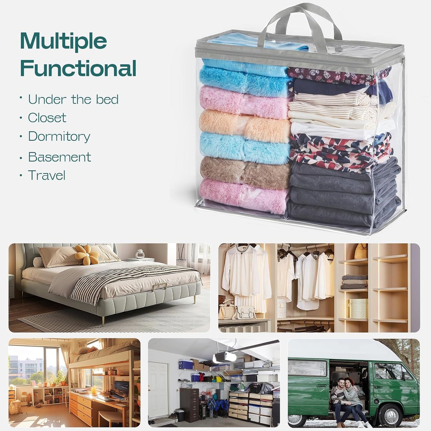5PACK Clear Zippered Storage Bag for Clothes, 22L Clear Storage Bags, and Blanket Storage Bags for Bedding, Blankets, Comforters, Clothing, Books, DVD & CD (White)