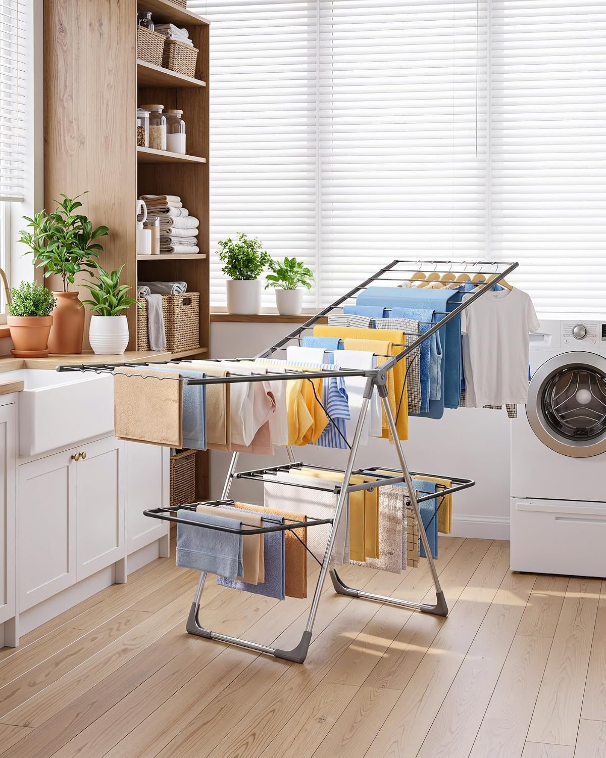 Sakugi Clothes Drying Rack, Foldable 2-Level Laundry Drying Rack with Height-Adjustable Wings, for Clothing & Bedding, Free-Standing Space-Saving Rack, Indoor & Outdoor, 55.5" L × 22.8" W, Gray