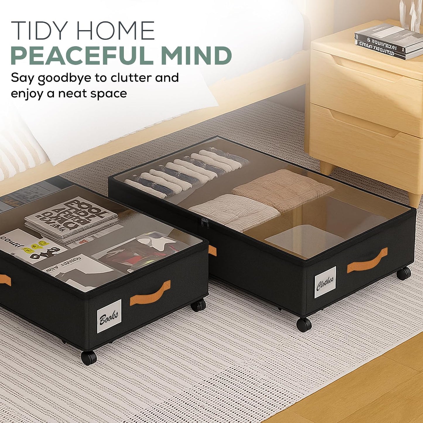 Under Bed Storage with Wheels, 2 Pack (36L Each)| Low Profile Storage Organizer with Clear Window, Double Zipper & 360° Locking Wheels – Rolling Metal Drawer for Clothes, Shoes, & More (Gray)