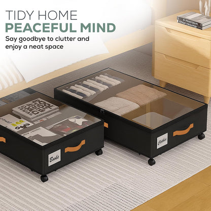 Under Bed Storage with Wheels, 2 Pack (36L Each)| Low Profile Storage Organizer with Clear Window, Double Zipper & 360° Locking Wheels – Rolling Metal Drawer for Clothes, Shoes, & More (Gray)