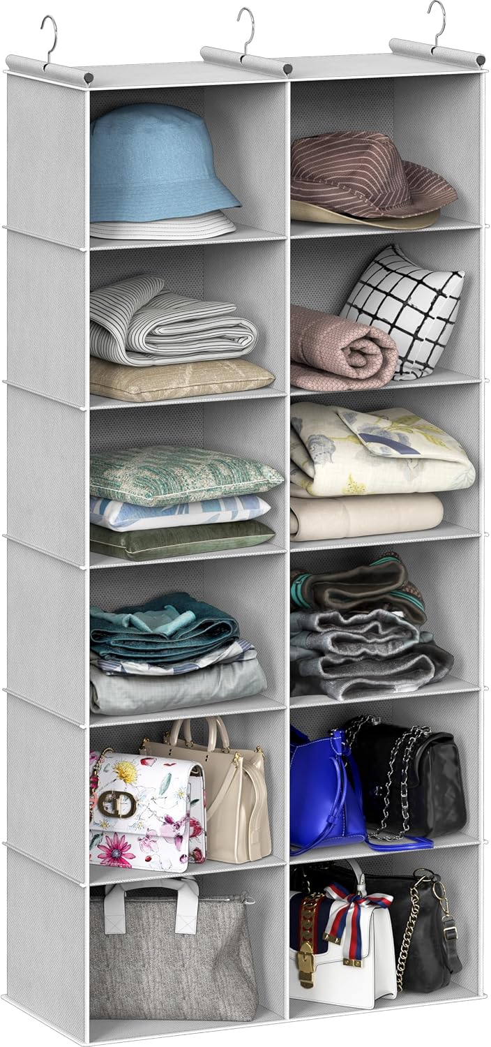 Simple Houseware 6 Shelf Double-Wide Hanging Closet Organizer, 12 Large Shelves Total, Gray