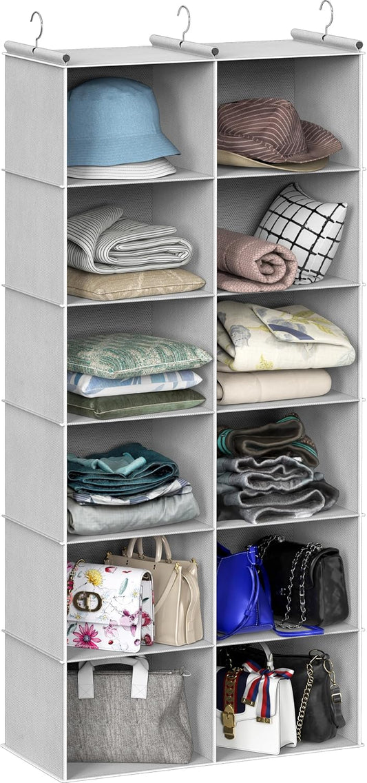 Simple Houseware 6 Shelf Double-Wide Hanging Closet Organizer, 12 Large Shelves Total, Gray