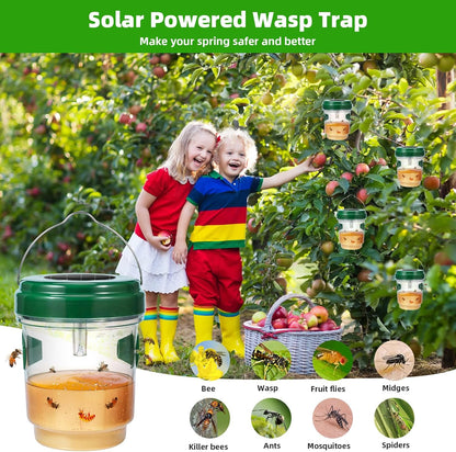 4 Pack Solar Wasp Trap Outdoor Hanging Wasp Trap Catcher Yellowjacket Trap Hornet Wasps Killer with UV LED Light Reusable Carpenter Bee Traps for Outside, Garden, Backyard, and Orchard